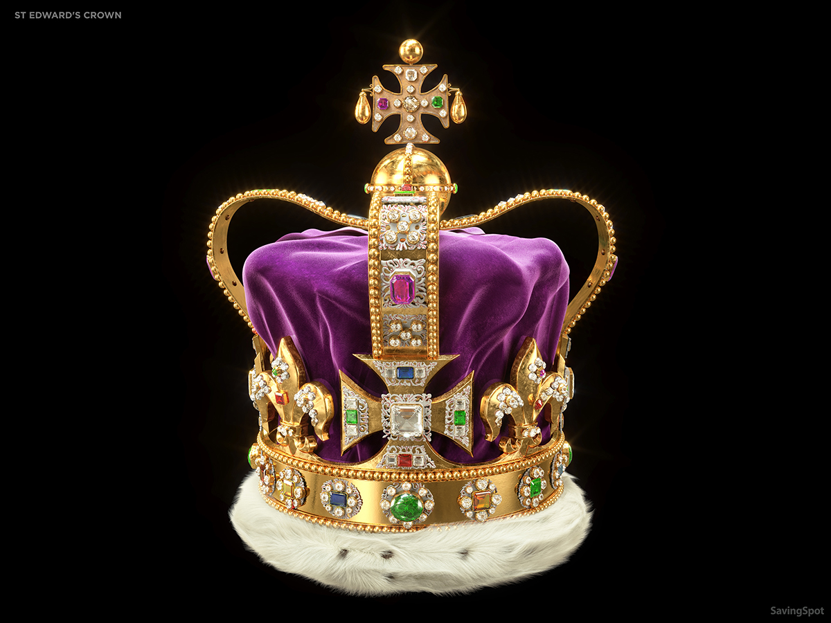 Picture of St. Edward's Crown. It has a white brim and a purple dome with gold embellishments and jewels