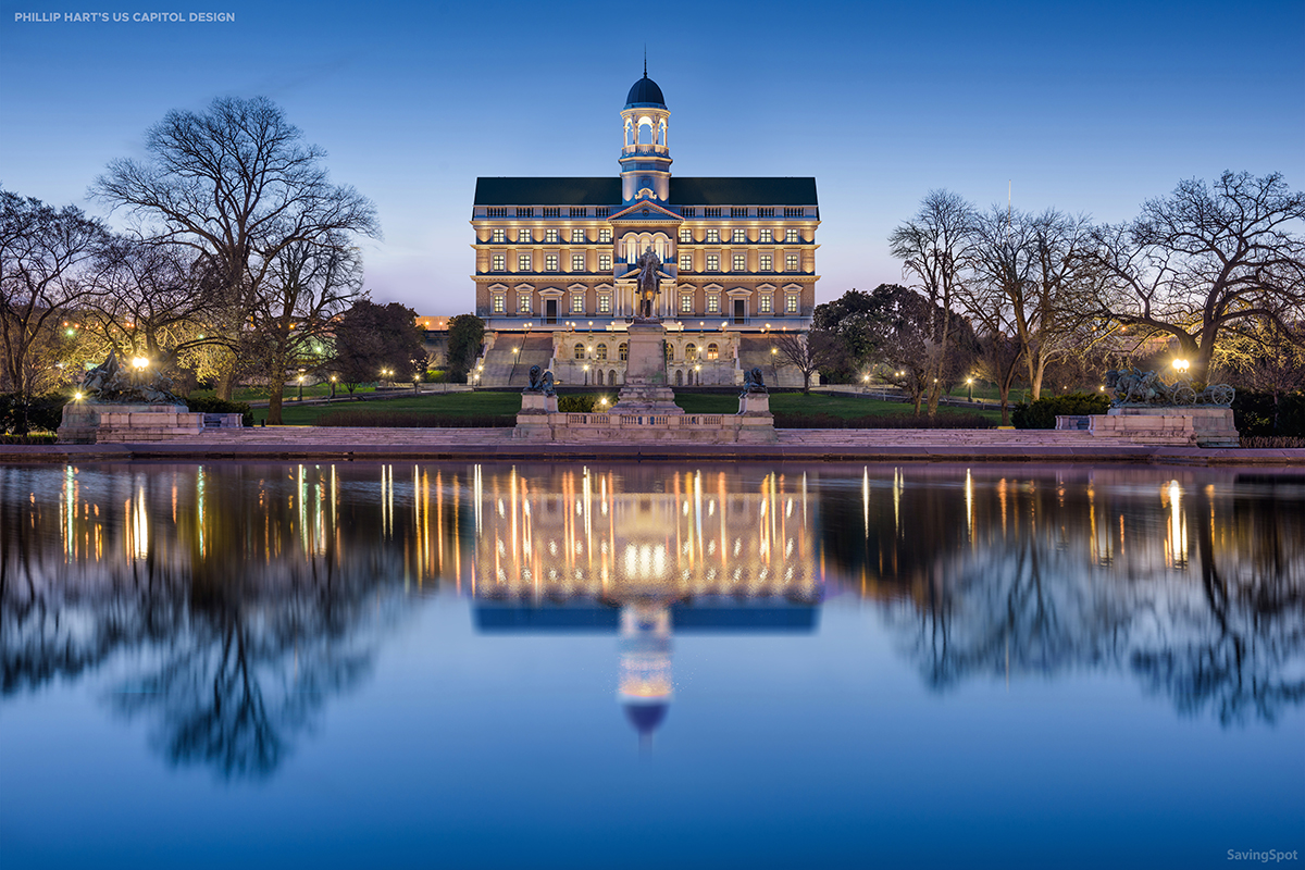 A recreation of what the US Capitol building would have looked like if they chose Phillip Hart’s design