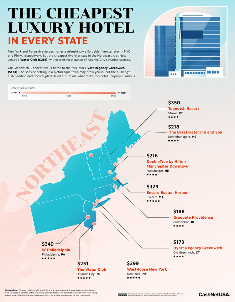 Map Of The Cheapest Luxury Hotel in Every State Map Regions Northeast