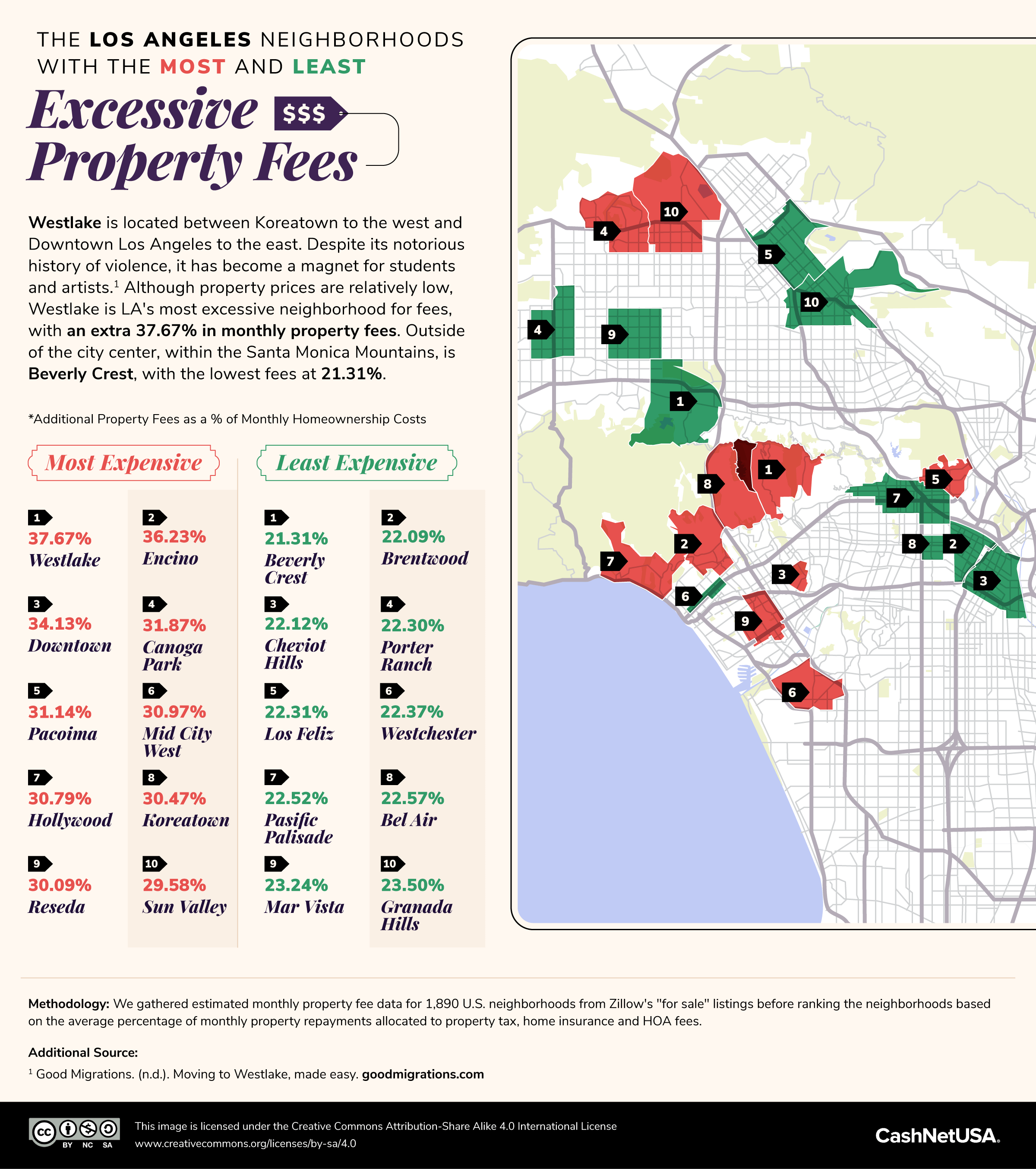 Los Angeles Map and list of neighborhoods with the most and least excessive property fees